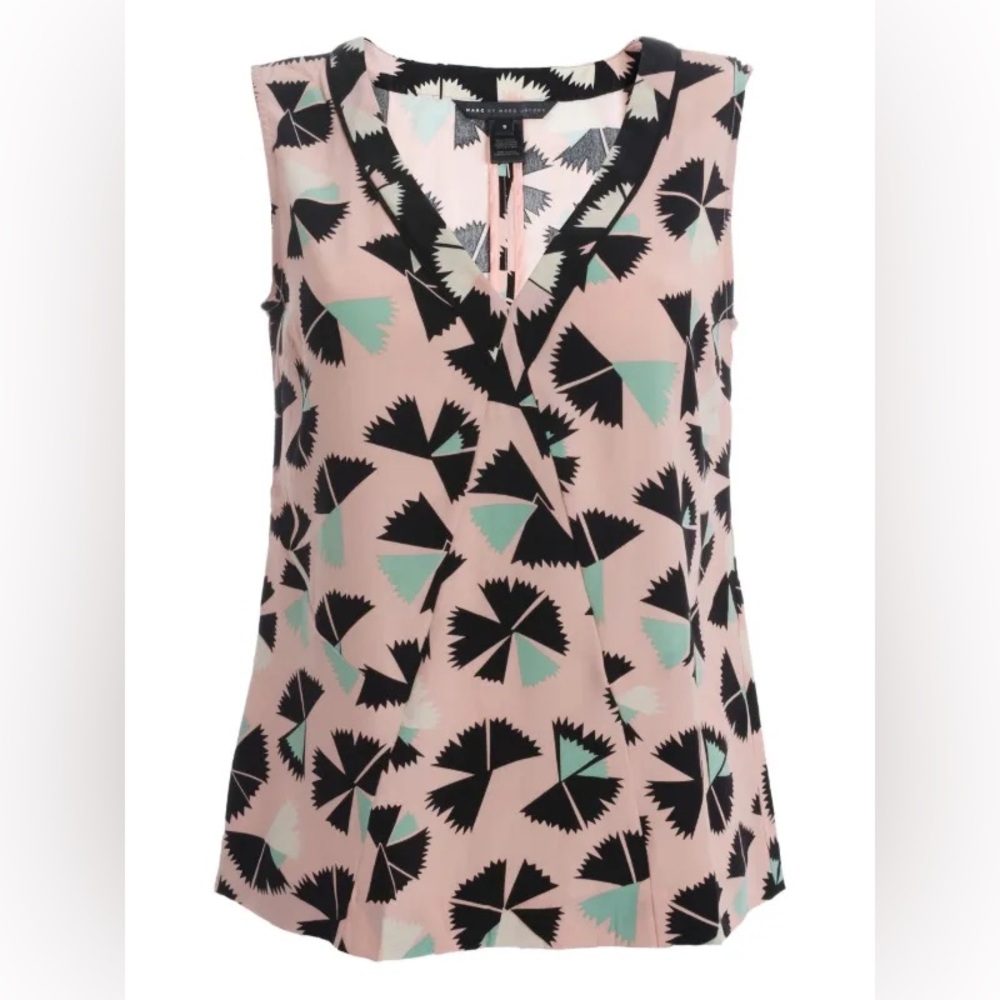 VTG Marc By Marc Jacobs Pink and Black Silk Pinkwheel Pint V-neck Tank Top S